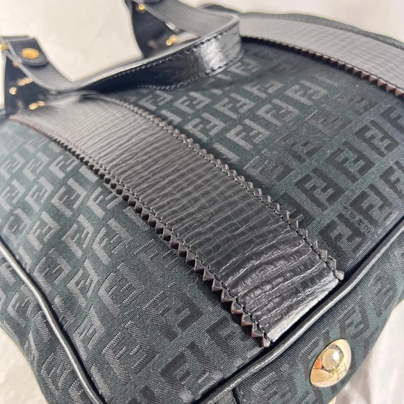 FENDI Zucchino Black Canvas Leather Trim Tote Shoulder Bag Made in Italy